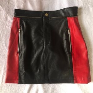 black and red fake leather moto mini skirt